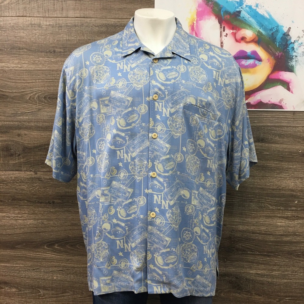 Nat Nast Silk Button Up Shirt Mens XXL Blue All Over Print Short Sleeve